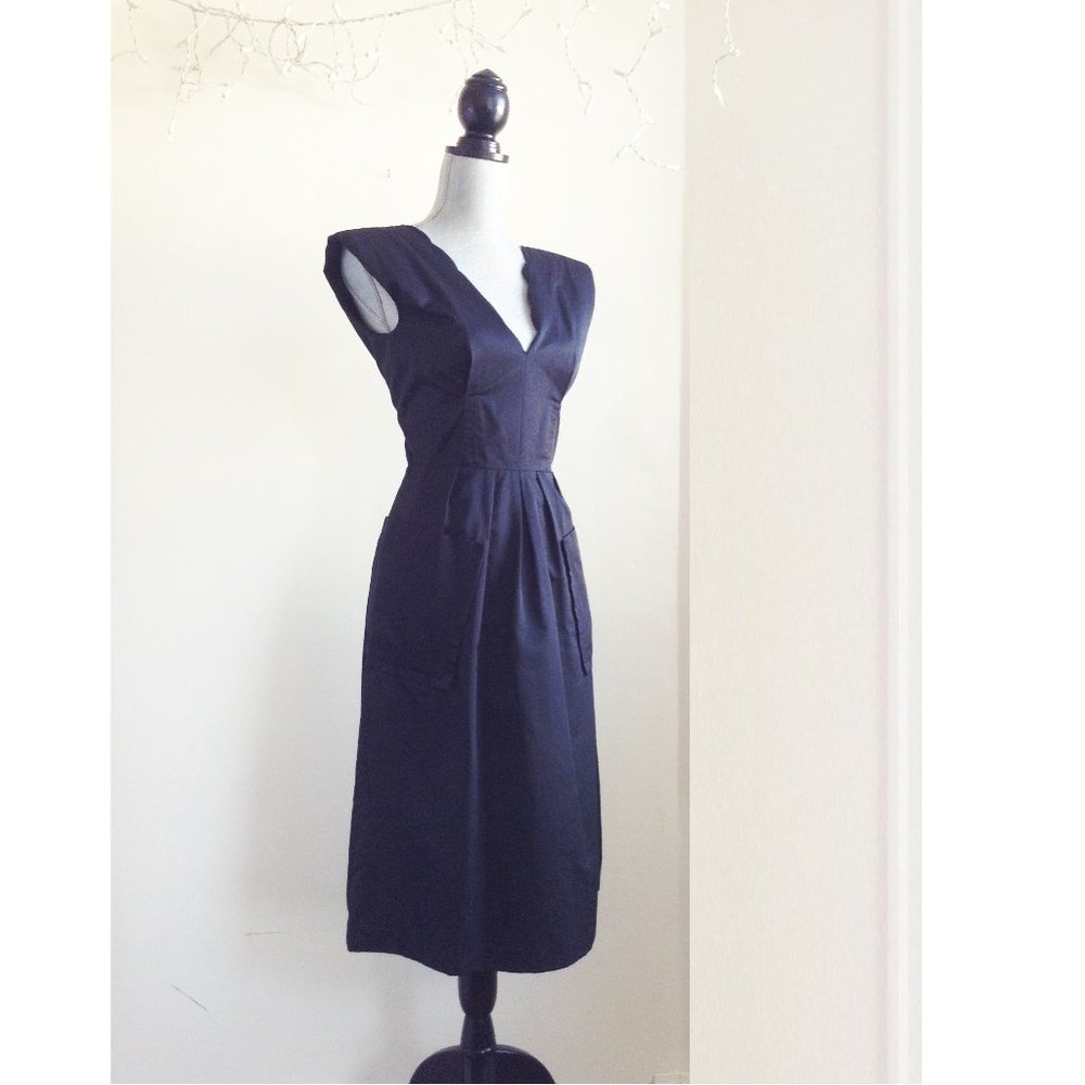 TRACY REESE New York V-Neck Shoulderpads Sleeveless Cotton A-Line Black Dress 2